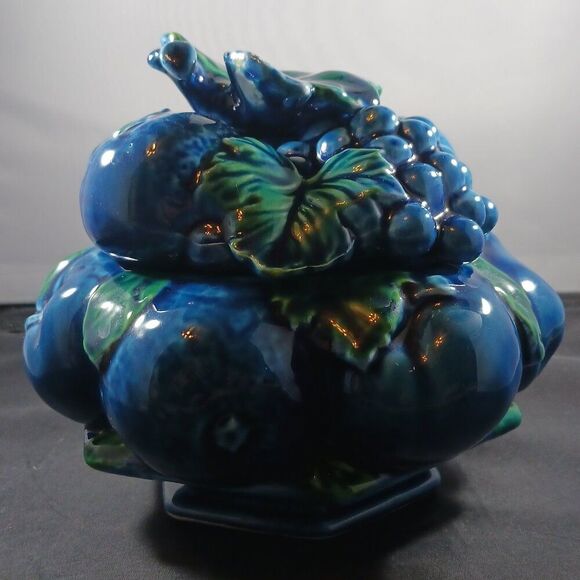 Vintage Candy Dish Inarco Blue Fruits Retro MCM Cookie Jar - Picture 2 of 15